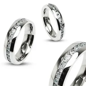 Čelični prsten u srebrnoj boji, centralna linija od prozirnih cirkona - Veličina: 52