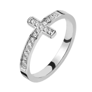 Prsten od nehrđajućeg čelika 316L - motiv križa, prozirni cirkoni, srebrne boje - Veličina: 51