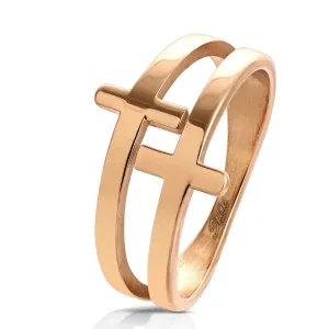 Prsten od nehrđajućeg čelika bakrene boje, sjajni dvostruki križ - Veličina: 62