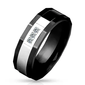 Prsten od nehrđajućeg čelika, crna i srebrna boja, tri prozirna cirkona, 8 mm - Veličina: 62