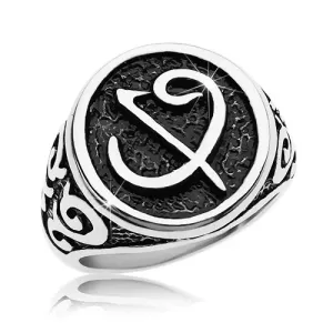 Prsten od nehrđajućeg čelika - crni pečat sa simbolom, ornamenti na krakovima - Veličina: 58