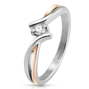 Prsten od nehrđajućeg čelika, dvobojni razdvojeni krakovi, prozirni cirkon - Veličina: 51