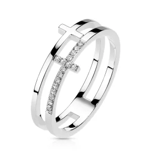 Prsten od nehrđajućeg čelika - glatki i cirkon križ, srebrne boje - Veličina: 54