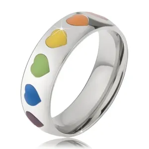 Prsten od nehrđajućeg čelika, raznobojna srca od emajla - Veličina: 51