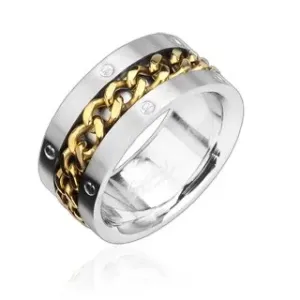 Prsten od nehrđajućeg čelika s pozlaćenim lancem - Veličina: 58