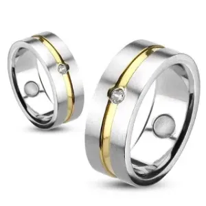 Prsten od nehrđajućeg čelika s zlatnom linijom i umetnutim cirkonom - Veličina: 57