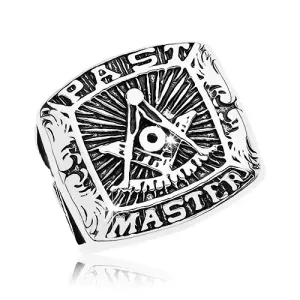 Prsten od nehrđajućeg čelika, simboli slobodnih zidara i natpis, crna patina - Veličina: 58