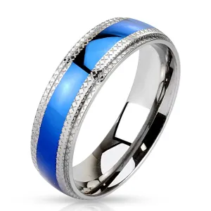 Prsten od nehrđajućeg čelika - sjajna plava pruga i kvrgavi rub - Veličina: 57