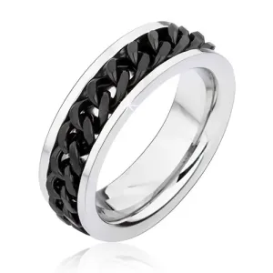 Prsten od nehrđajućeg čelika srebrne boje sa rotirajućim crnim lančićem - Veličina: 67
