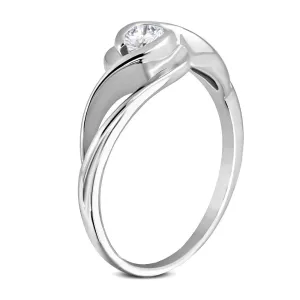 Prsten od nehrđajućeg čelika srebrne boje, valoviti krakovi, okrugli prozirni cirkon - Veličina: 50