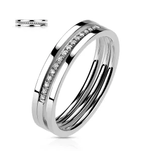 Prsten od nehrđajućeg čelika - trostruki red, prozirni cirkoni, srebrne boje - Veličina: 54