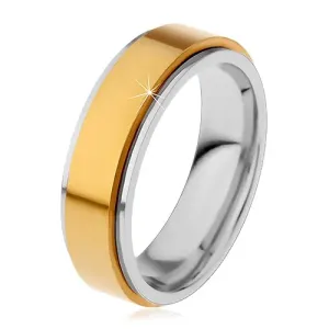 Prsten od nehrđajućeg čelika, uzdignuta rotirajuća pruga zlatne boje, uski rubovi - Veličina: 49