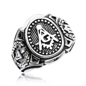 Prsten od nehrđajućeg čelika, veliki oval i simboli slobodnih zidara - Veličina: 58