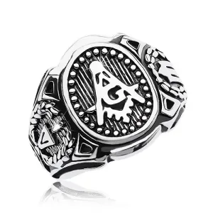 Prsten od nehrđajućeg čelika, veliki oval i simboli slobodnih zidara - Veličina: 59