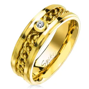 Prsten od nehrđajućeg čelika zlatne boje sa lančićem i prozirnim cirkonom 7 mm - Veličina: 59