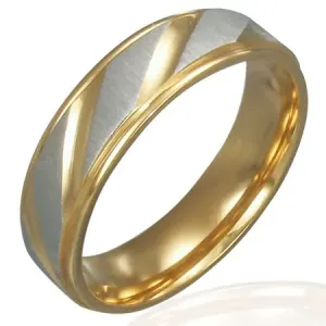 Prsten od nehrđajućeg čelika - zlatno-srebrna boja, dijagonalni rezovi - Veličina: 54