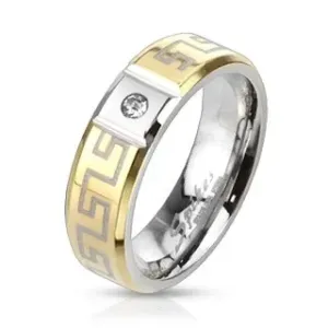 Prsten zlatne boje od nehrđajućeg čelika s grčkim uzorkom - sa cirkonom - Veličina: 52