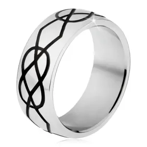 Sjajni čelični prsten, deblji crni utori u obliku dijamanata i suza - Veličina: 56