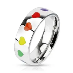 Sjajni čelični prsten sa srcima u duginim bojama, 6 mm - Veličina: 57