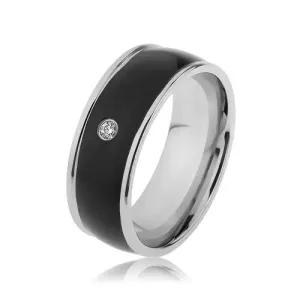 Sjajni čelični prsten srebrne boje, crna ispupčena pruga s prozirnim cirkonom - Veličina: 57
