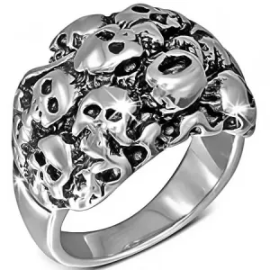 Sjajni čelični prsten srebrne boje - grozd lubanja - Veličina: 59
