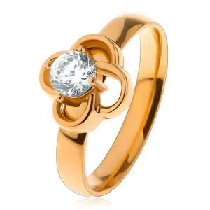 Sjajni čelični prsten u zlatnoj boji, kontura cvijeta s prozirnim cirkonom - Veličina: 49