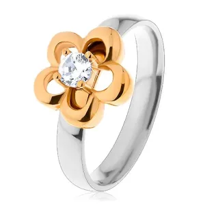 Sjajni dvobojni čelični prsten, kontura cvijeta s izdignutim prozirnim cirkonom - Veličina: 49