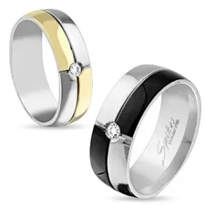 Sjajni prsten od čelika srebrne i zlatne boje, ukrasni urezi, prozirni cirkon, 6 mm - Veličina: 54