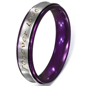 Srebrni čelični prsten - natpis Forever Love, ljubičasti rubovi - Veličina: 56