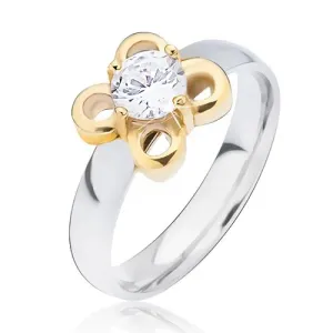 Srebrni čelični prsten, zlatni cvijet sa prozirnim cirkonom - Veličina: 51