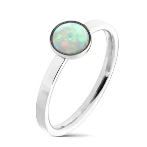 Srebrno obojeni čelični prsten, sintetični opal sa duginim odsjajima, uska ramena - Veličina: 49