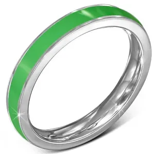 Tanki čelični prsten - vjenčani prsten, zelena pruga, srebrni rub - Veličina: 54