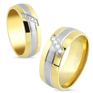 Vjenčani prsten od čelika, pruga zlatne i srebrne boje, kosa linija prozirnih cirkona, 6 mm - Veličina: 52