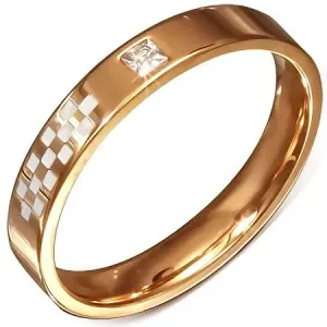 Vjenčani prsten od čelika ružičasto zlatne boje, bijela šahovska ploča, cirkon - Veličina: 52