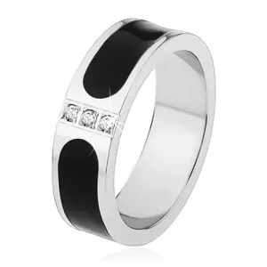 Vjenčani prsten od čelika, srebrna boja, crna glazirana pruga, tri prozirna cirkona - Veličina: 53