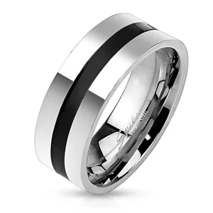 Vjenčani prsten od čelika srebrne nijanse – sjajna linija ukrašena crnom glazurom, 8 mm - Veličina: 62