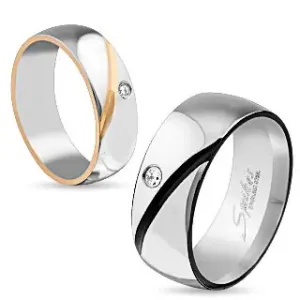 Vjenčani prsten od kirurškog čelika, dvije boje, kosi usjeci, prozirni cirkon - Veličina: 49