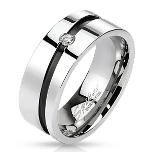 Vjenčani prsten od nehrđajućeg čelika - crna linija s cirkonom - Veličina: 49