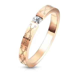 Zaručnički prsten od čelika - prozirni cirkon, boja bakra, fina gravura - Veličina: 52
