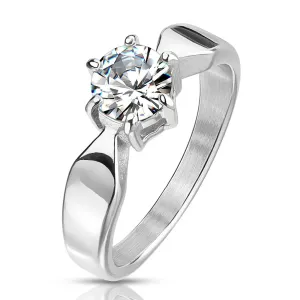 Zaručnički prsten od čelika - svjetlucavi okrugli cirkon u postolju, široki krakovi - Veličina: 51