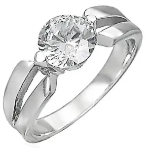 Zaručnički prsten od nehrđajućeg čelika, veliki prozirni cirkon, prorezi na krakovima - Veličina: 48