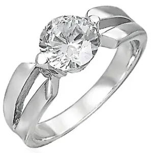 Zaručnički prsten od nehrđajućeg čelika, veliki prozirni cirkon, prorezi na krakovima - Veličina: 54