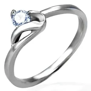 Zaručnički prsten srebrne boje, 316L čelik, okrugli prozirni cirkon i valoviti krakovi  - Veličina: 48