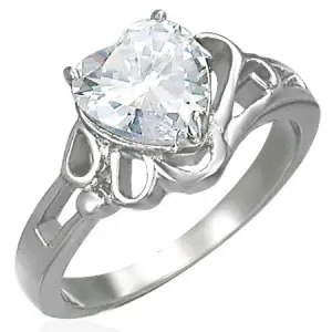 Ženski svjetlucavi čelični prsten, veliko prozirno cirkonsko srce - Veličina: 50