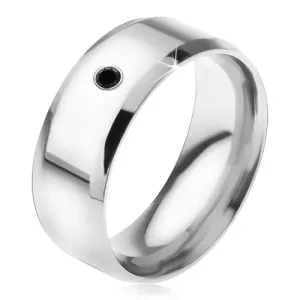Zrcalno sjajni prsten od 316L čelika, crni kamen - Veličina: 56