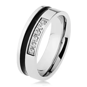 Zrcalno sjajni vjenčani prsten od čelika srebrne boje, crna pruga, cirkonska linija - Veličina: 63