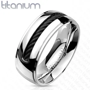 Bijeli prsten od titana - srebrno oboje, zavijena traka u sredini - Veličina: 59