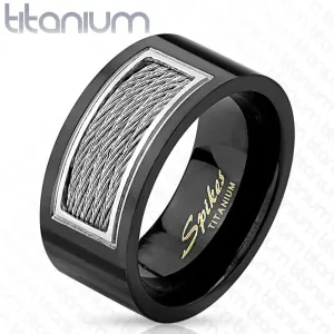 Crni prsten od titana - pravokutni izrez, metalne zavijene žice, različite veličine - Veličina: 59