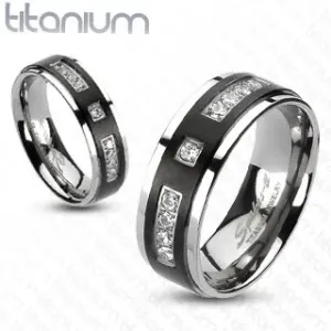 Prsten izrađen od titana s mat crnom prugom i kamenjem - Veličina: 49