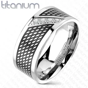Prsten od titana - crne i srebrne boje, dijagonalna linija cirkona - Veličina: 67
